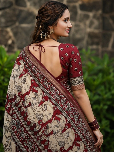 Royal Floral Kalamkari Printed Cotton Saree in Maroon & Beige