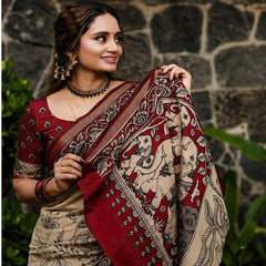 Royal Floral Kalamkari Printed Cotton Saree in Maroon & Beige