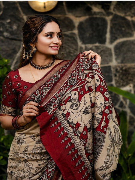 Royal Floral Kalamkari Printed Cotton Saree in Maroon & Beige