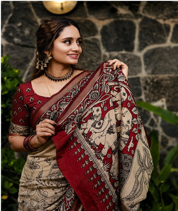 Royal Floral Kalamkari Printed Cotton Saree in Maroon & Beige