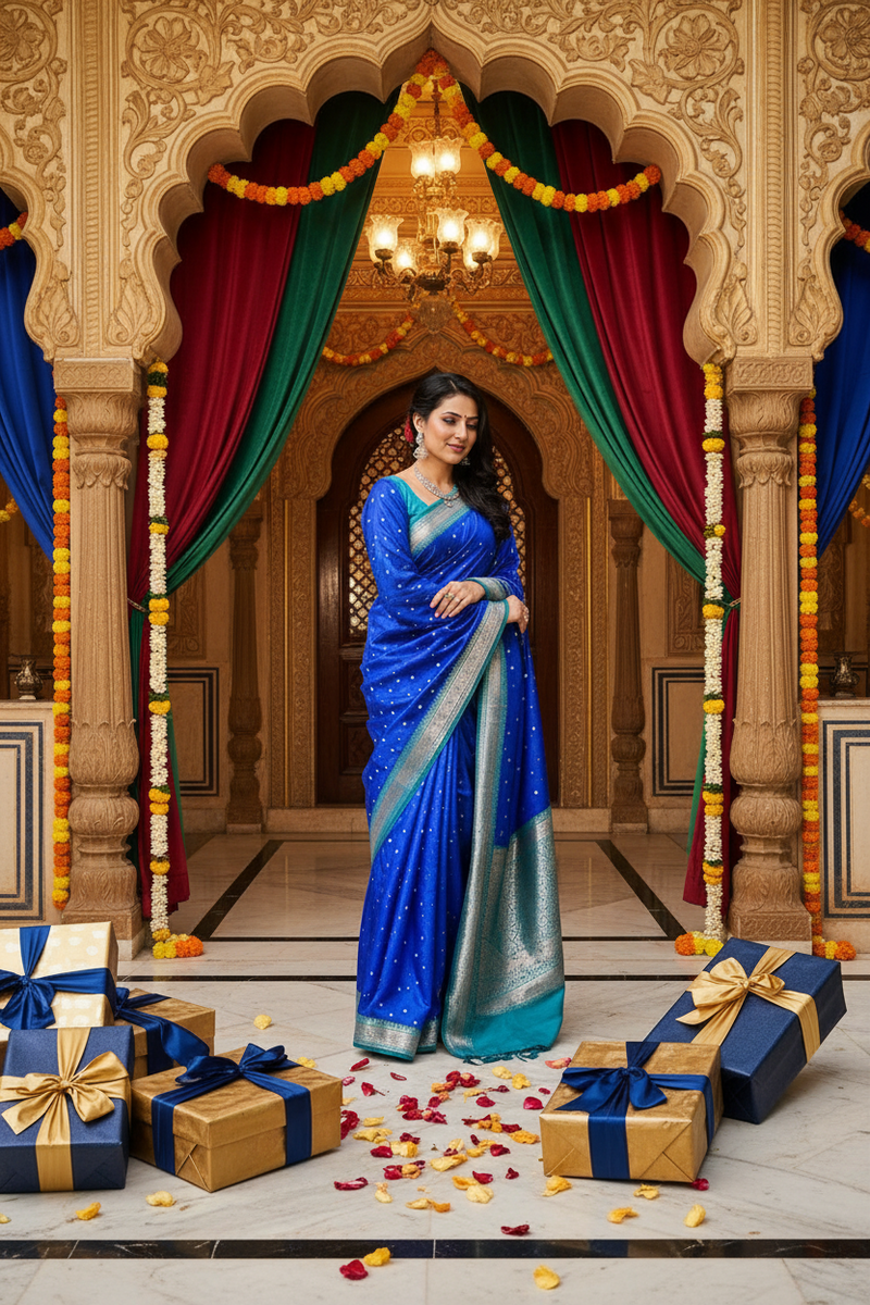 Royal Blue Silver Zari Soft Organza Saree