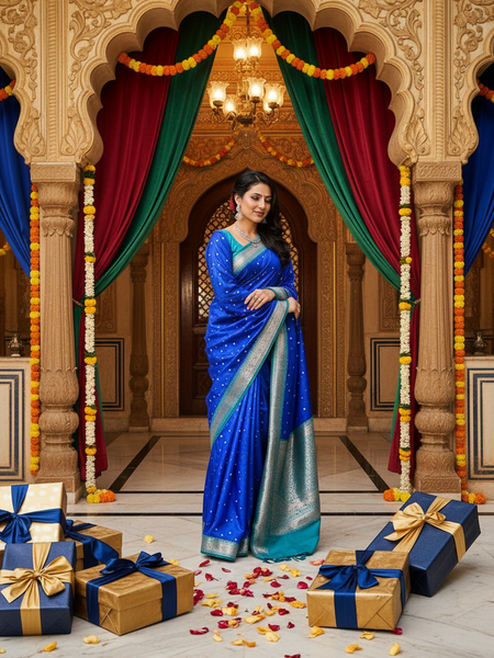 Royal Blue Silver Zari Soft Organza Saree