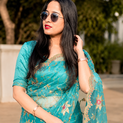 Aqua Blue Floral Embroidered Zalwar Chiffon Saree