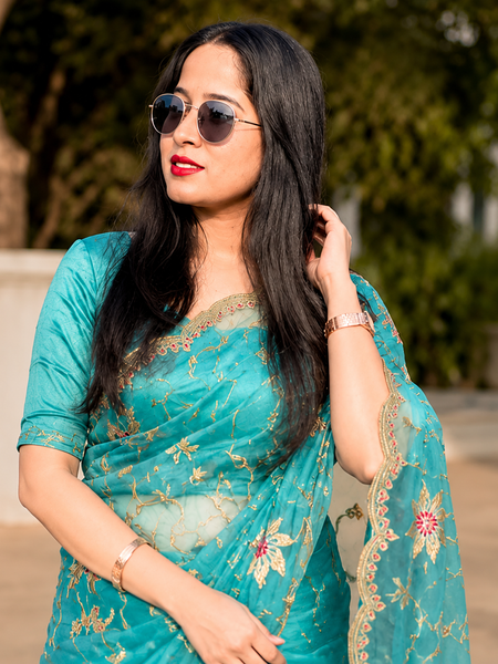 Aqua Blue Floral Embroidered Zalwar Chiffon Saree
