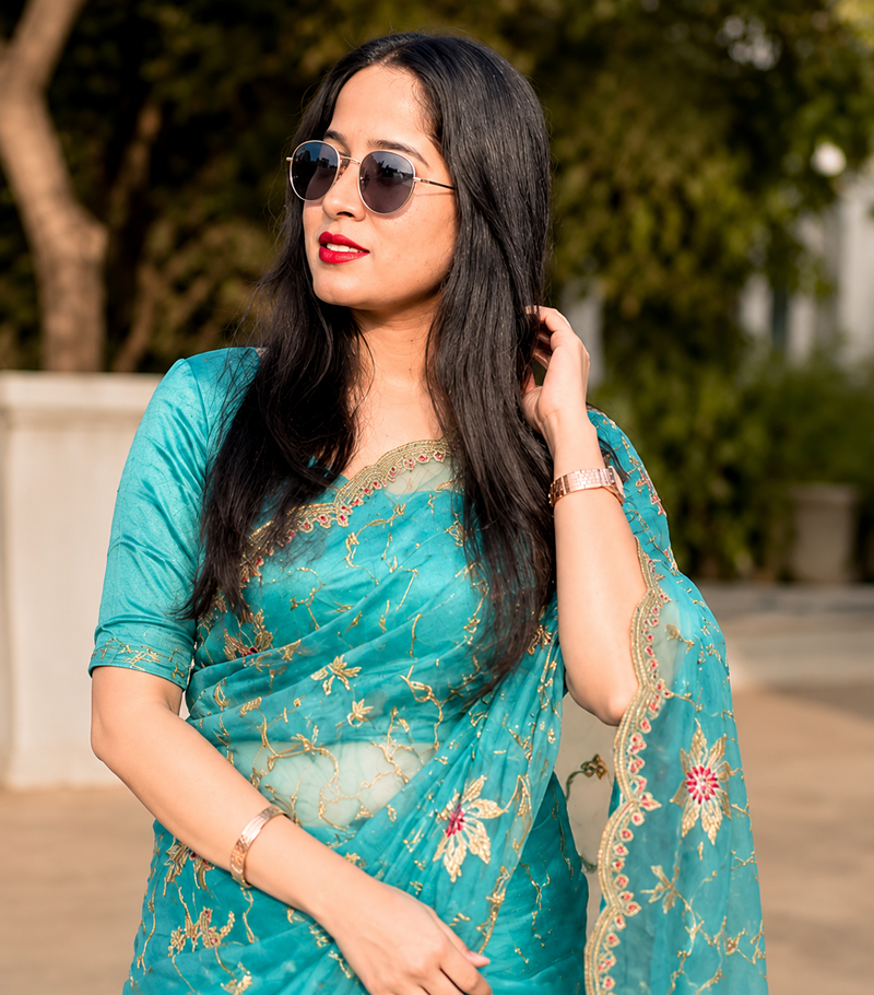 Aqua Blue Floral Embroidered Zalwar Chiffon Saree