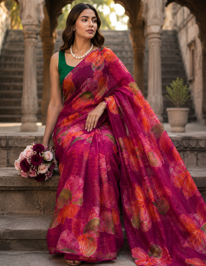 Lightweight Floral Printed Chiffon Saree