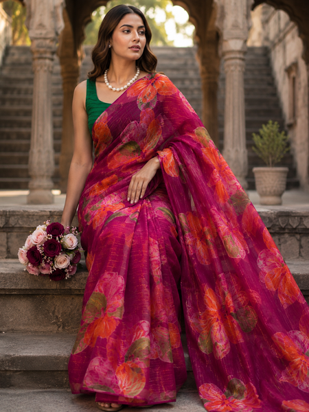 Lightweight Floral Printed Chiffon Saree