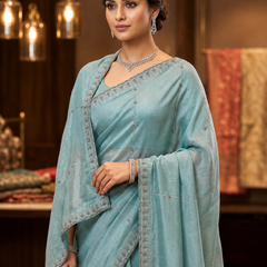 Powder Blue Soft Tissue Organza Designer Saree