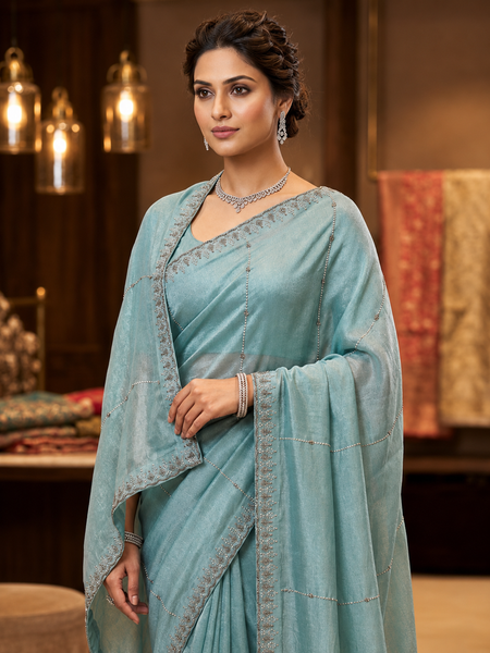 Powder Blue Soft Tissue Organza Designer Saree