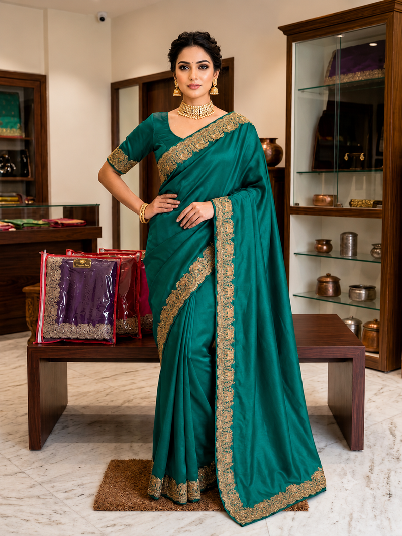 Emerald Green Tissue Silk Saree with Designer Embroidered Border