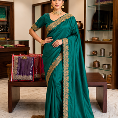 Emerald Green Tissue Silk Saree with Designer Embroidered Border