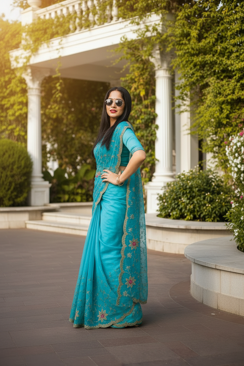 Aqua Blue Floral Embroidered Zalwar Chiffon Saree