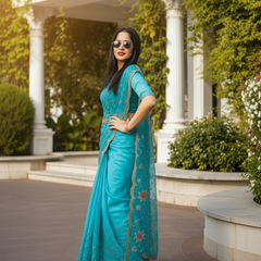 Aqua Blue Floral Embroidered Zalwar Chiffon Saree
