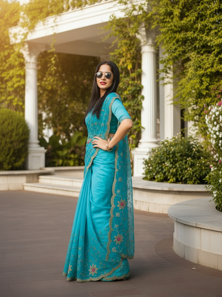 Aqua Blue Floral Embroidered Zalwar Chiffon Saree