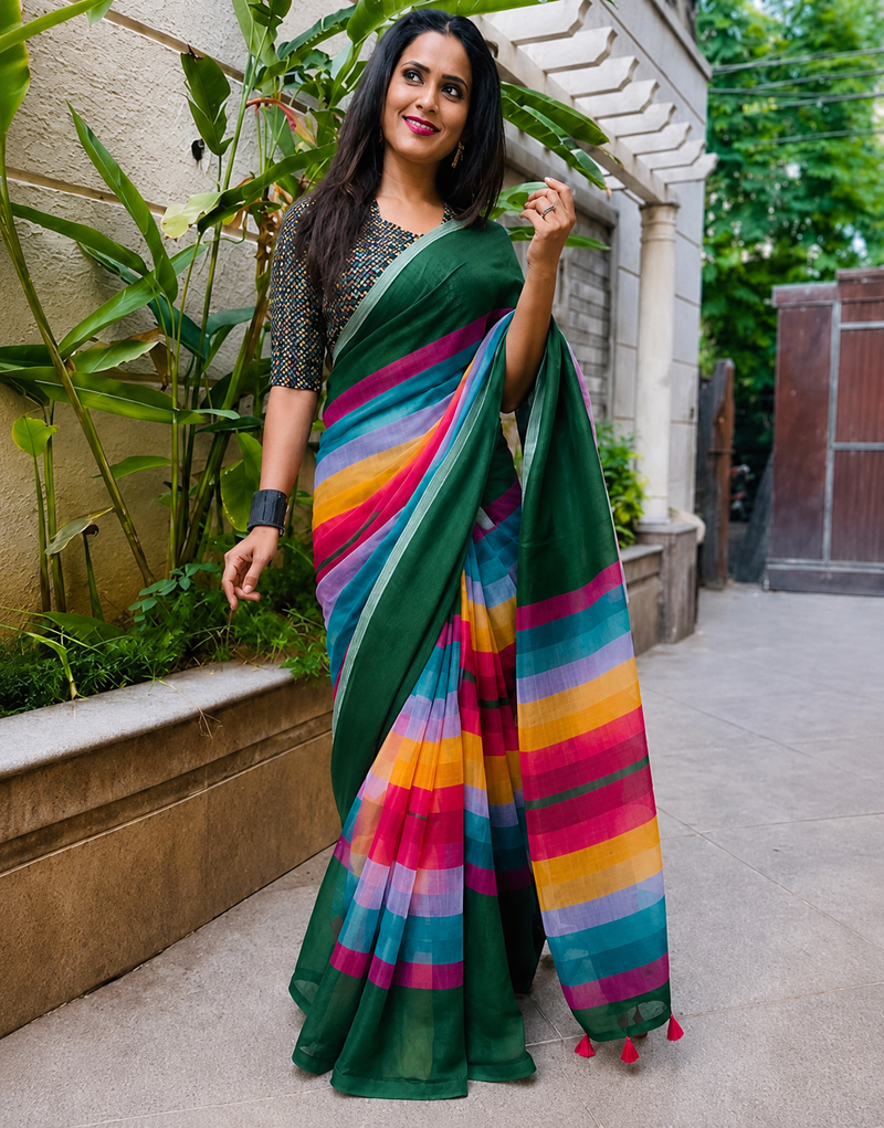 Bottle Green Cotton Saree with Multicolor Stripe Border
