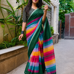 Bottle Green Cotton Saree with Multicolor Stripe Border