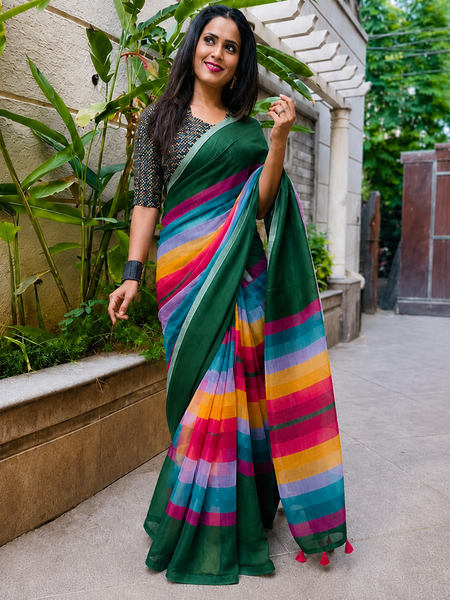 Bottle Green Cotton Saree with Multicolor Stripe Border