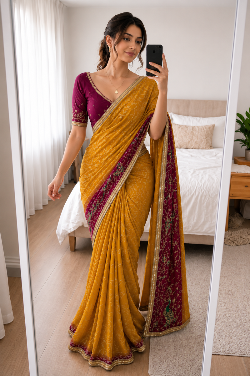Rangmahal Kanak Mustard Yellow & Wine Embroidered Faux Georgette Saree