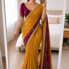 Rangmahal Kanak Mustard Yellow & Wine Embroidered Faux Georgette Saree