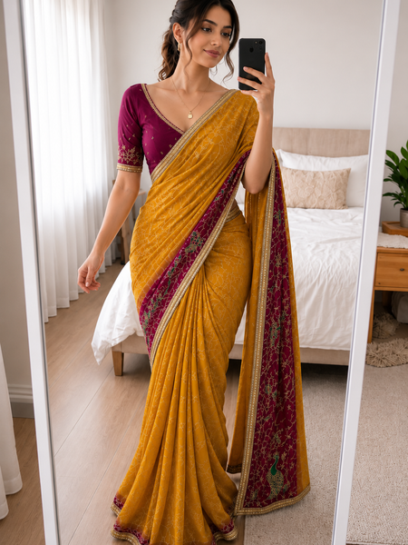 Rangmahal Kanak Mustard Yellow & Wine Embroidered Faux Georgette Saree