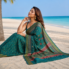 Teal Green Traditional Patola Design Art Silk Saree
