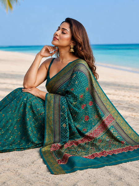 Teal Green Traditional Patola Design Art Silk Saree