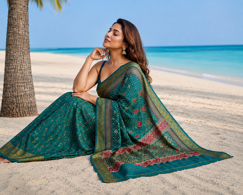Teal Green Traditional Patola Design Art Silk Saree