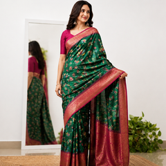 Emerald Green Lotus Print Moss Crepe Saree with Banarasi Border