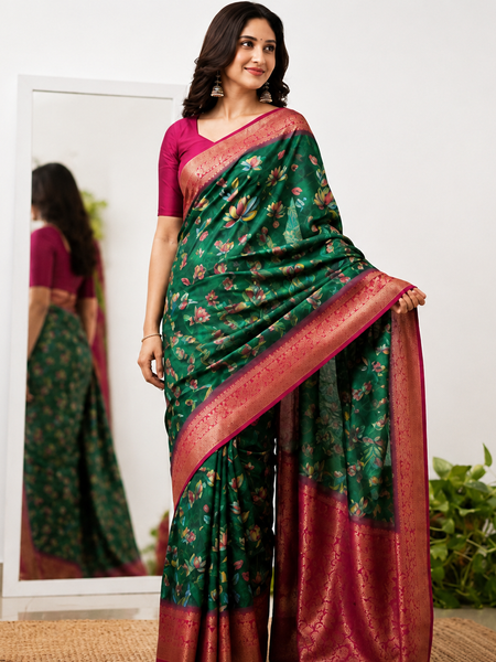 Emerald Green Lotus Print Moss Crepe Saree with Banarasi Border