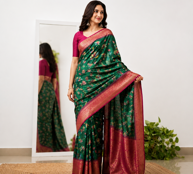 Emerald Green Lotus Print Moss Crepe Saree with Banarasi Border