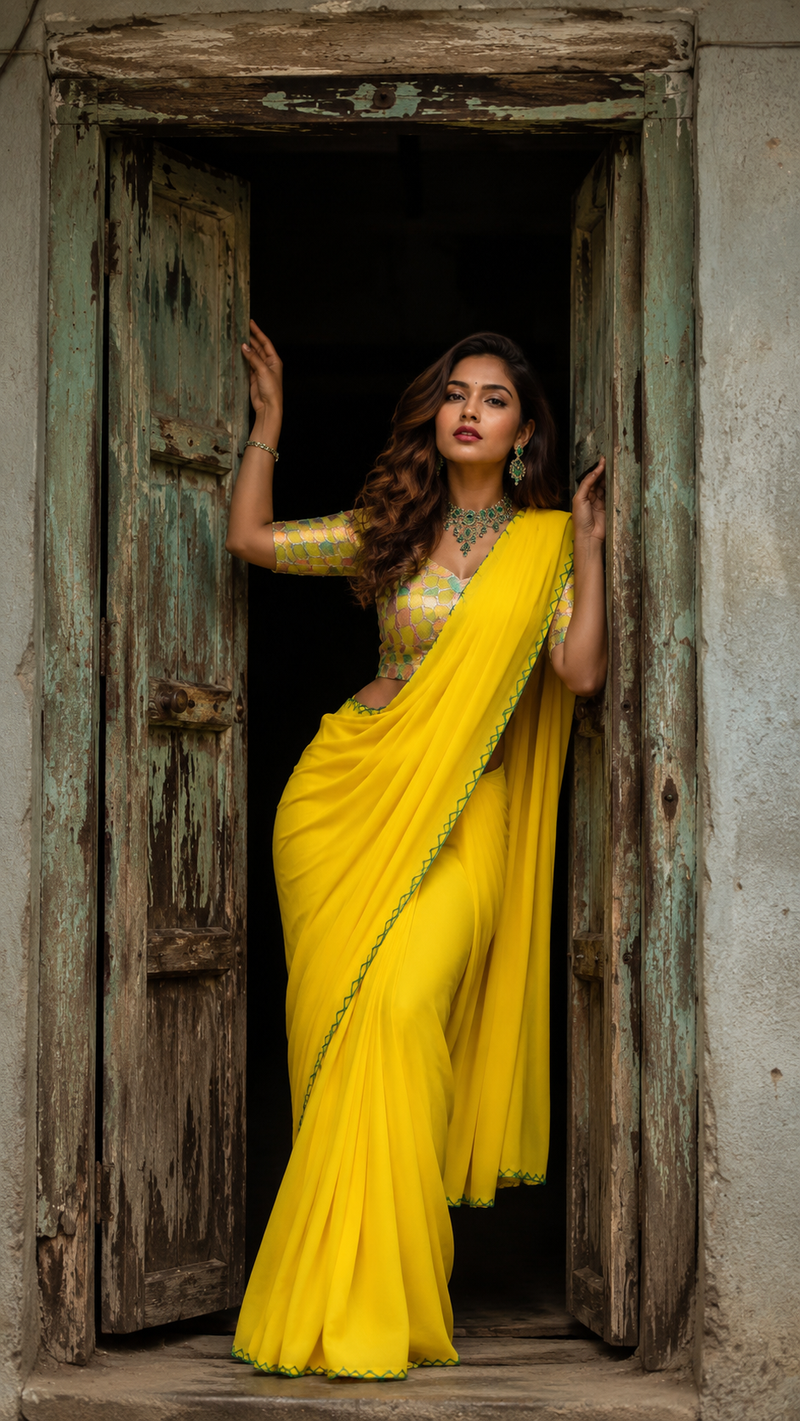 Parrot Green Plain Chiffon Saree with Designer Blouse