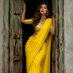 Parrot Green Plain Chiffon Saree with Designer Blouse