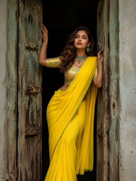 Parrot Green Plain Chiffon Saree with Designer Blouse