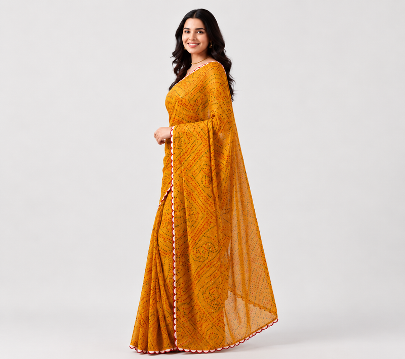 Mustard Yellow Bandhani Print Viscose Georgette Saree