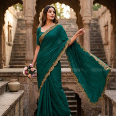 Emerald Green Tissue Silk Saree with Designer Embroidered Border