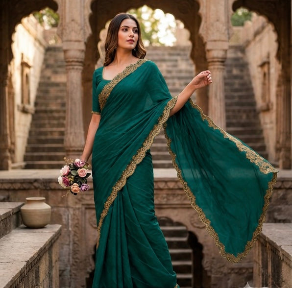 Emerald Green Tissue Silk Saree with Designer Embroidered Border