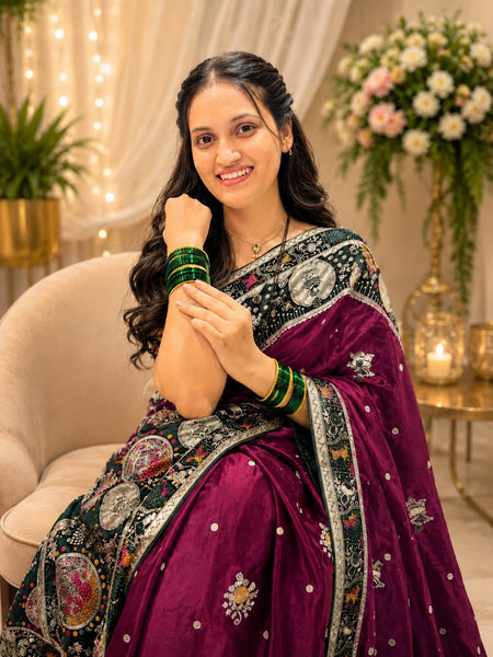 Pure Silk Wine Purple Traditional Tribal Border Saree