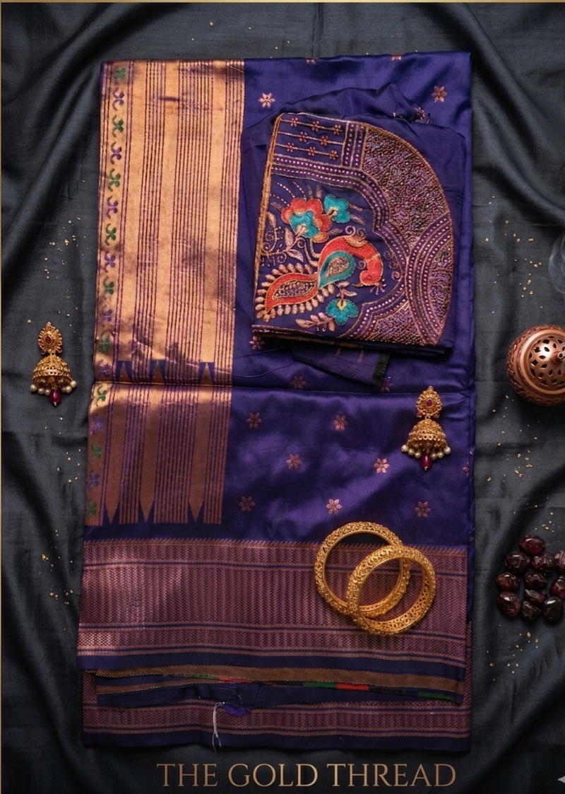 Regal Violet Silk Paithani Saree | Rose Gold Zari Border & Embroidered Designer Blouse