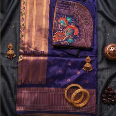 Regal Violet Silk Paithani Saree | Rose Gold Zari Border & Embroidered Designer Blouse