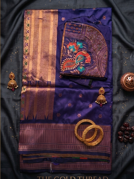 Regal Violet Silk Paithani Saree | Rose Gold Zari Border & Embroidered Designer Blouse