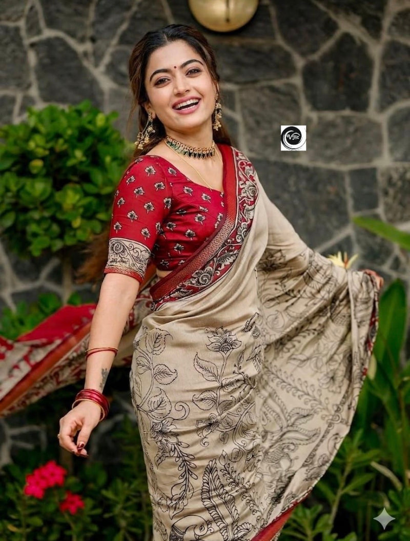 Royal Floral Kalamkari Printed Cotton Saree in Maroon & Beige