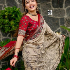 Royal Floral Kalamkari Printed Cotton Saree in Maroon & Beige
