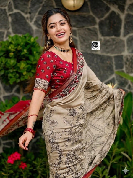 Royal Floral Kalamkari Printed Cotton Saree in Maroon & Beige