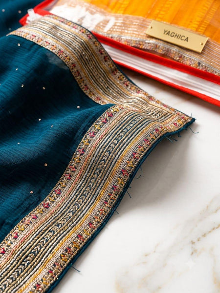 Teal Blue Designer Georgette Stone Work Saree