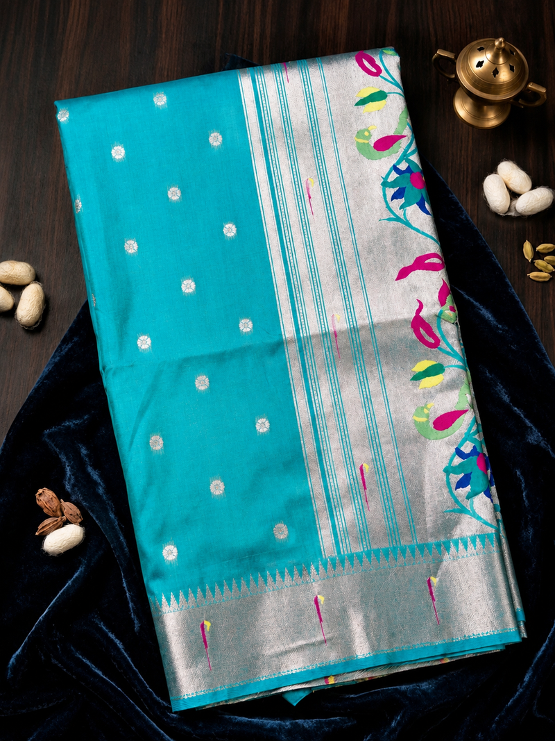 Elegant Turquoise Silk Paithani Saree | Silver Zari Work & Traditional Peacock Pallu