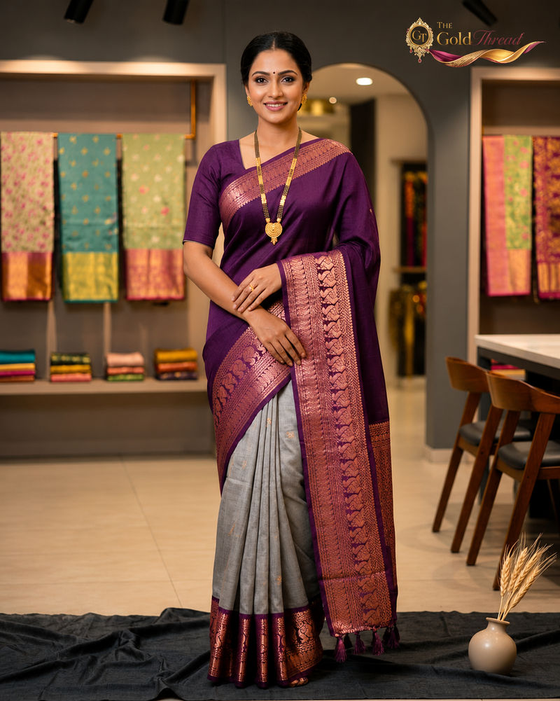 Royal Purple & Silver Silk Saree with Rich Zari Border | The Gold Thread