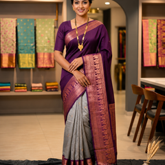 Royal Purple & Silver Silk Saree with Rich Zari Border | The Gold Thread