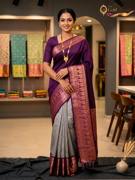 Royal Purple & Silver Silk Saree with Rich Zari Border | The Gold Thread