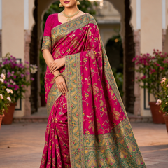 Rani Pink Pure Banarasi Silk Floral Zari Weaving Saree