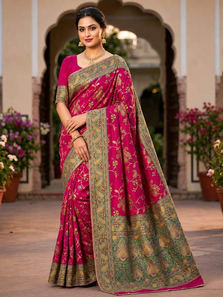 Rani Pink Pure Banarasi Silk Floral Zari Weaving Saree